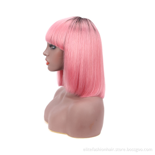 Hot pink Bob Wig with Bangs Straight Human Hair Non Lace Brazilian Virgin Hair Short Wigs For Black Women Full Machine Made Wigs
